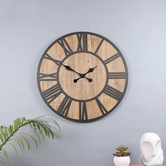 wc7 Rustic Vintage Metal & Wood Decorative Wall Clock with Large Roman Numerals