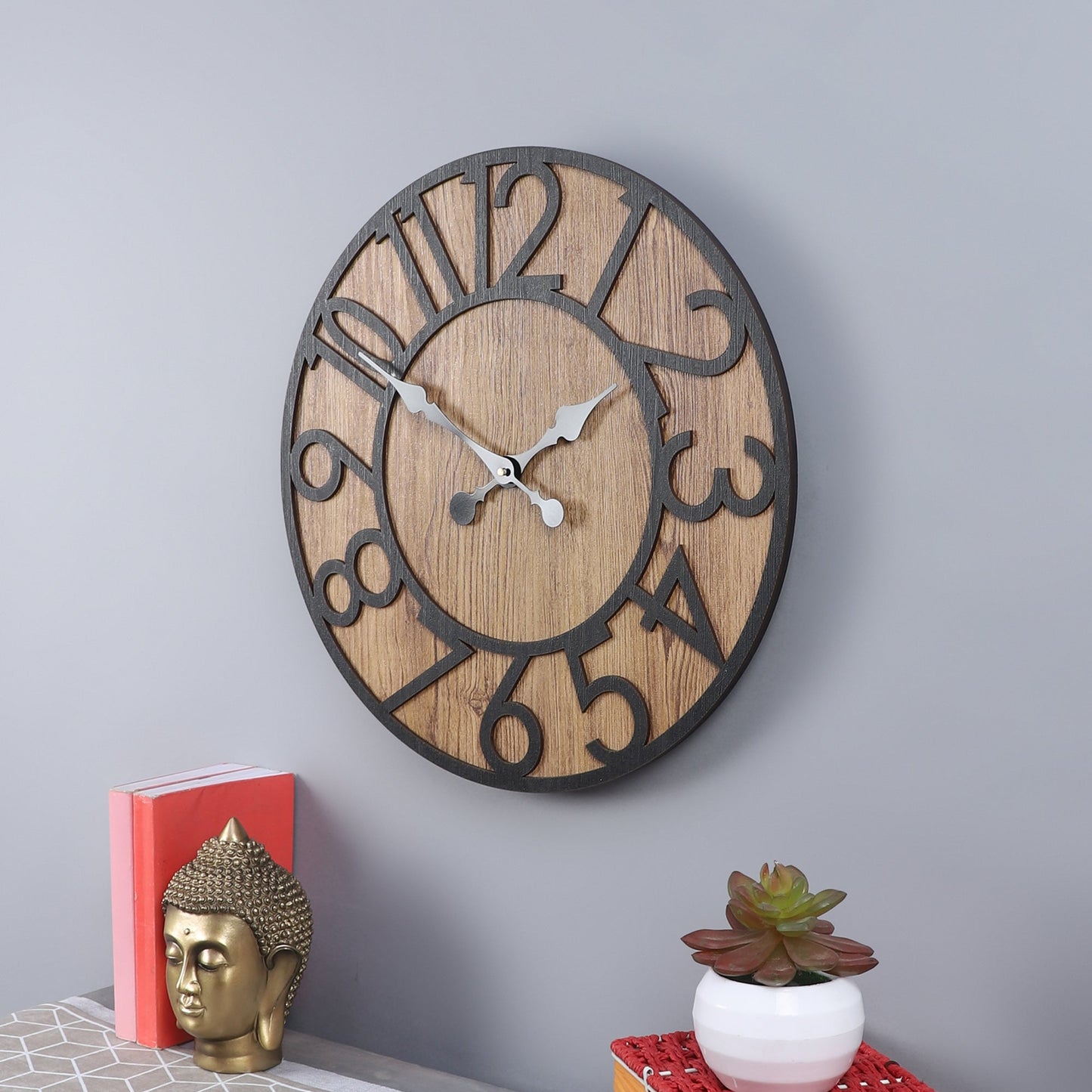 wc14 Rustic Brown Wooden Wall Clock with Roman Numerals