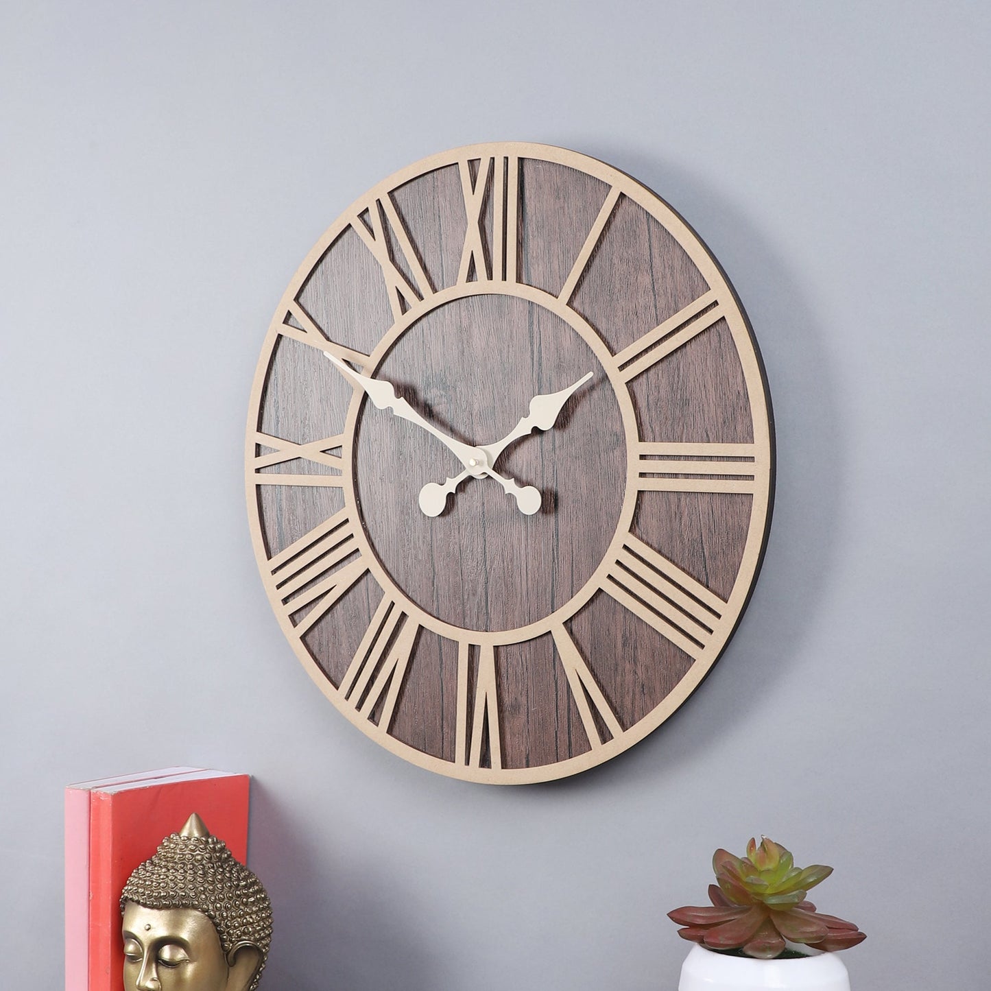 wc12 Rustic Dark Wooden Wall Clock with Roman Numerals