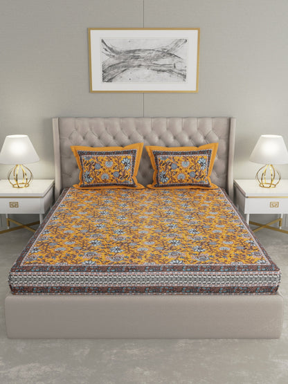 100% Cotton Hand Block Printed King Size Double Bedsheet with 2 Pillow Covers, 240 TC.