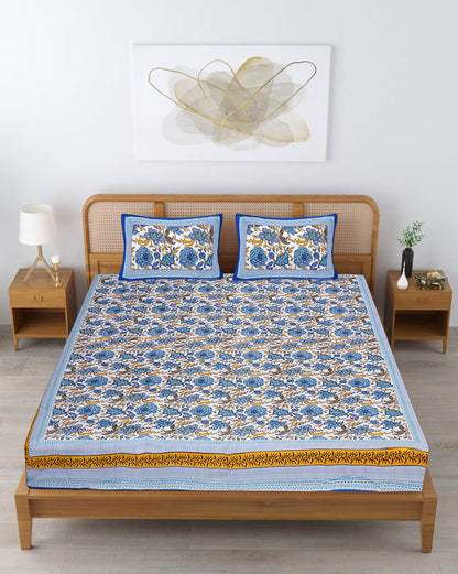 100% Pure Organic Cotton Fabric Hand Block Printed King Size Double Bedsheet with 2 Pillow Covers, 340 TC II