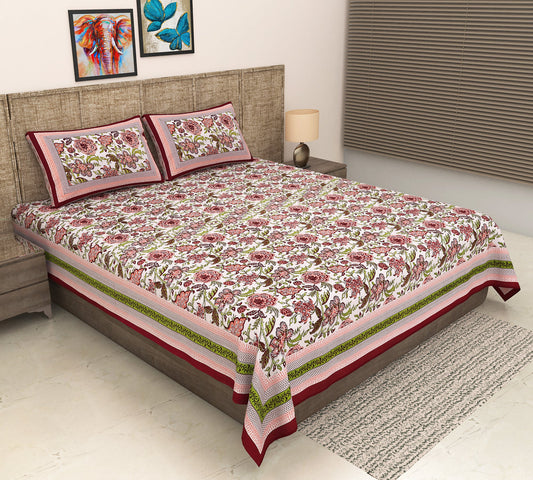 100% Pure Organic Cotton Fabric Hand Block Printed King Size Double Bedsheet with 2 Pillow Covers, 340 TC II