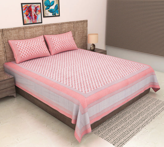 100% Pure Organic Cotton Fabric Hand Block Printed King Size Double Bedsheet with 2 Pillow Covers, 340 TC II