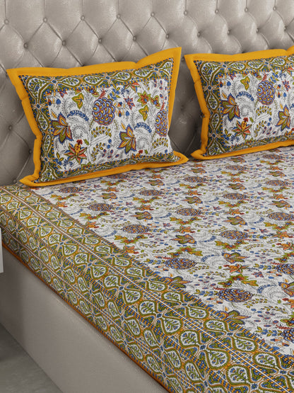 100% Pure Organic Cotton Fabric Hand Block Printed King Size Double Bedsheet with 2 Pillow Covers, 340 TC II