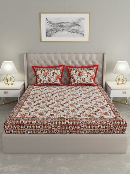 100% Pure Organic Cotton Fabric Hand Block Printed King Size Double Bedsheet with 2 Pillow Covers, 340 TC II