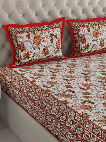 100% Pure Organic Cotton Fabric Hand Block Printed King Size Double Bedsheet with 2 Pillow Covers, 340 TC II