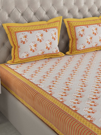 100% Pure Organic Cotton Fabric Hand Block Printed King Size Double Bedsheet with 2 Pillow Covers, 340 TC II