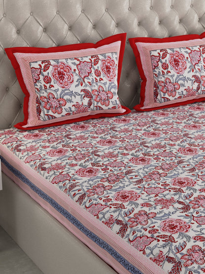 100% Pure Organic Cotton Fabric Hand Block Printed King Size Double Bedsheet with 2 Pillow Covers, 340 TC II